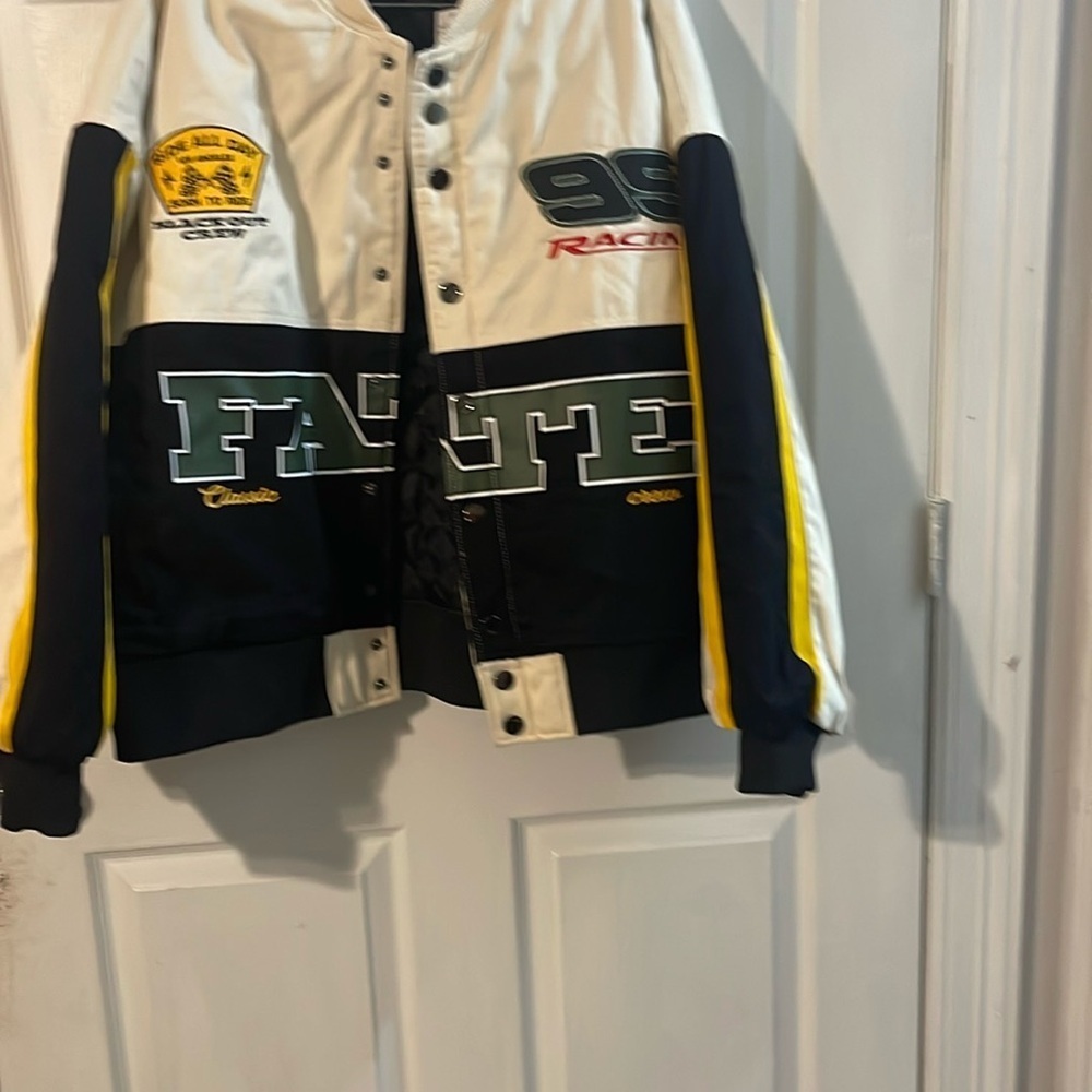 PacSun Black and White Racing Puffer Jacket with Yellow Accents